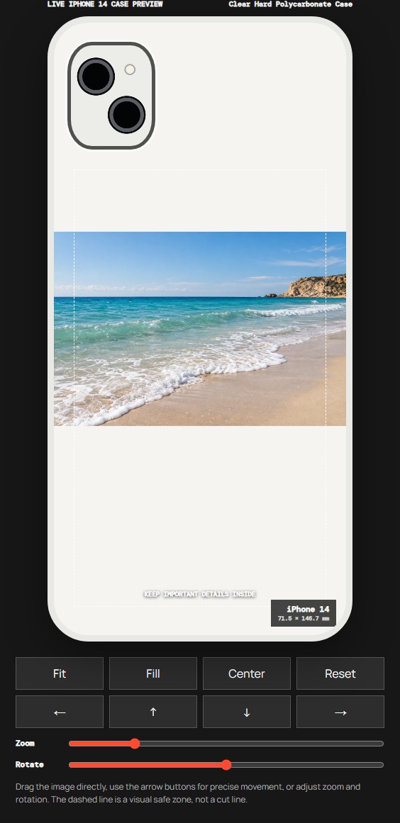 VIBE editor using Fit to keep the complete example coastal photo in a horizontal strip on iPhone 14