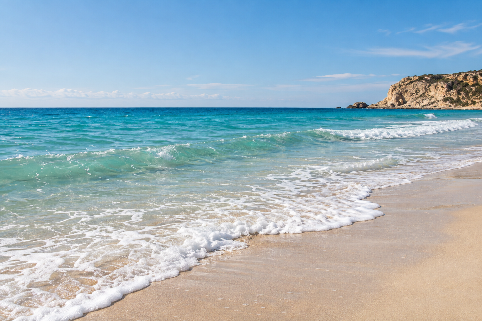 AI-created example coastal scene with a wide shoreline and a rocky headland on the right