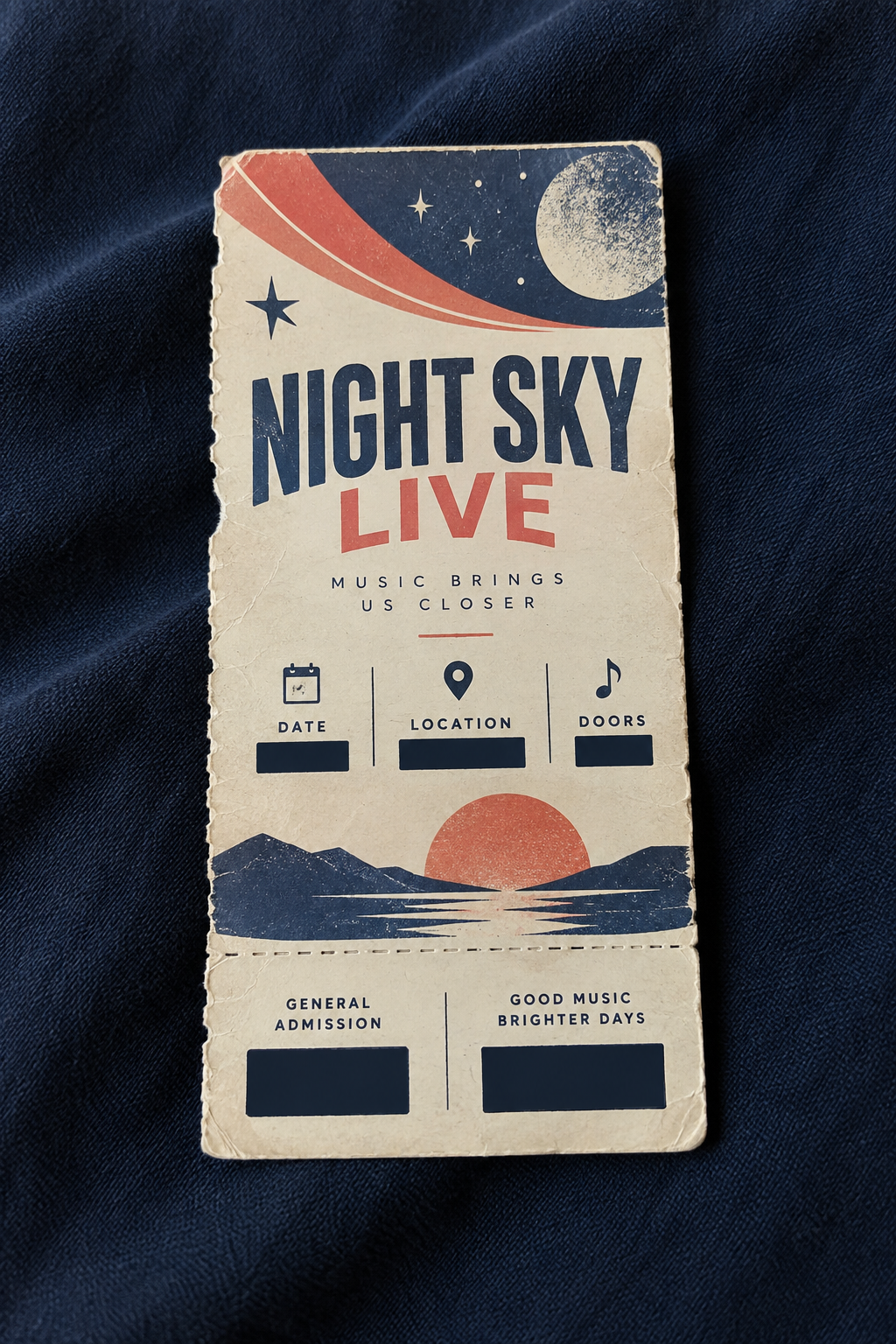 AI-created fictional concert ticket photo with all date, location, admission and code areas covered by opaque navy privacy blocks