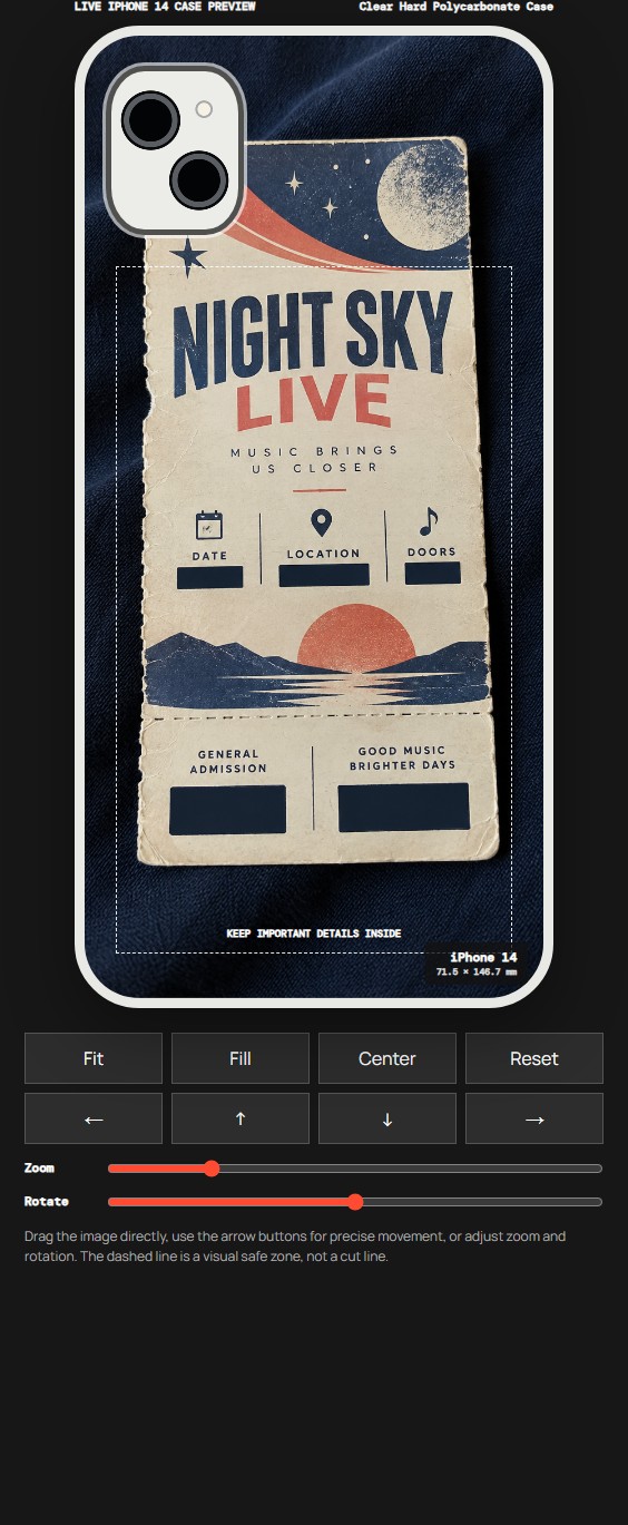 VIBE IN CASE editor preview showing the privacy-safe fictional concert ticket image on an iPhone 14 case